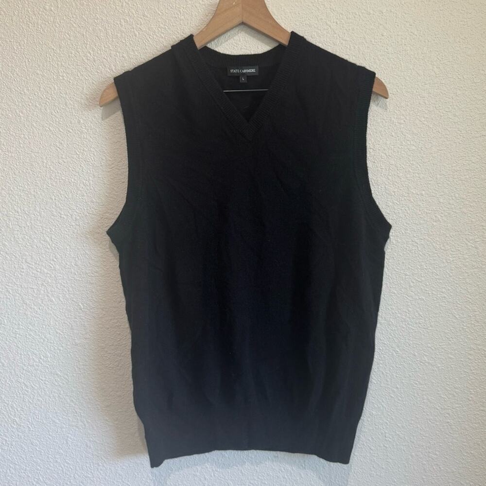 State Cashmere Mens L Black 100% Cashmere V-Neck Sweater Vest Quiet‎ Luxury
